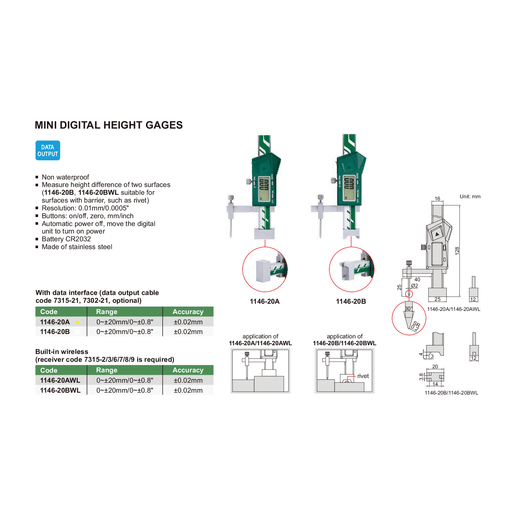 INSIZE Measuring Equipment Insize Mini Digital Height Gauge 0-20mm/0-0.8" Range Series 1146-20A