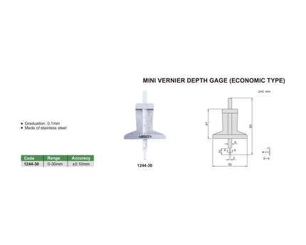 INSIZE MEASURING EQUIPMENT Insize Mini Vernier Depth Gauge 0-30mm Range Series 1244-30