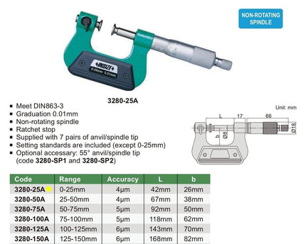 INSIZE Measuring Equipment Insize Non-Rotating Micrometer with Anvil/spindle tips 0-25mm Range Series 3280-25A