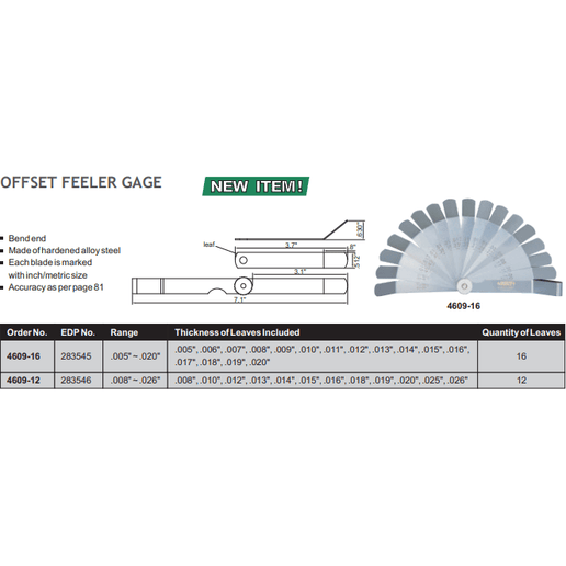 INSIZE Measuring Equipment Insize Offset Feeler Gauge 0.005-0.02" Range Series 4609-16