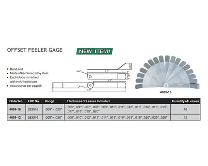 INSIZE MEASURING EQUIPMENT Insize Offset Feeler Gauge 0.005-0.02" Range Series 4609-16
