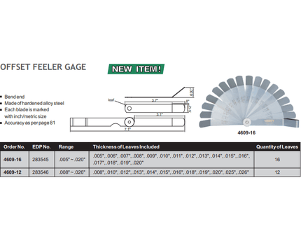 INSIZE Measuring Equipment Insize Offset Feeler Gauge 0.008-0.026" Range Series 4609-12
