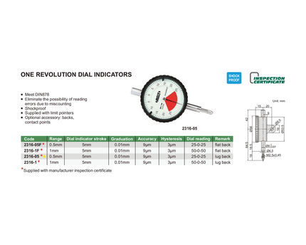 INSIZE Measuring Equipment Insize One Revolution Dial Indicator 0.5mm Range Series 2316-05