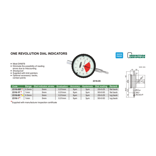INSIZE Measuring Equipment Insize One Revolution Dial Indicator 0.5mm Range Series 2316-05