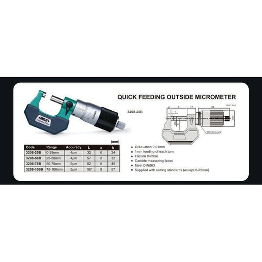 INSIZE Measuring Equipment Insize Outside Micrometer Quick Feeding  0-25mm Range Series 3208-25B