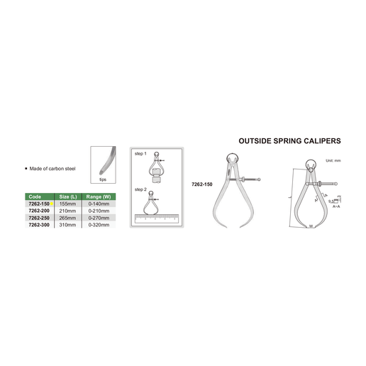INSIZE Measuring Equipment Insize Outside Spring Caliper 0-140mm Range Series 7262-150