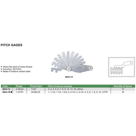 INSIZE Measuring Equipment Insize Pitch Gauge 1-12TPI Range Series 4824-16