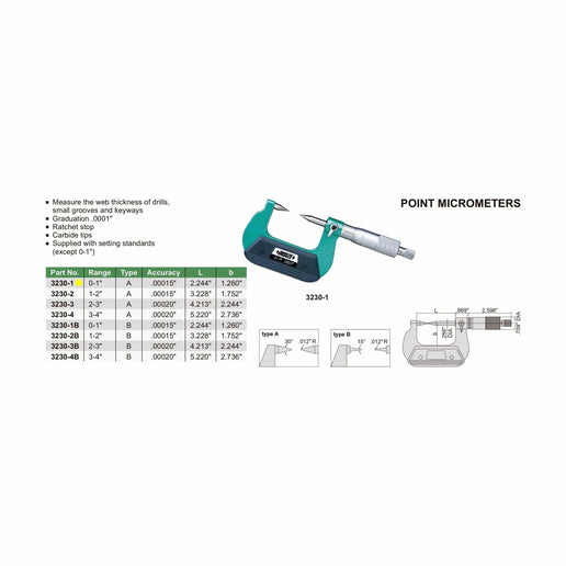 INSIZE Measuring Equipment Insize Point Micrometer 0-1" Range Series 3230-1