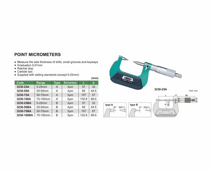 INSIZE Measuring Equipment Insize Point Micrometer 0-25mm Range Series 3230-25BA