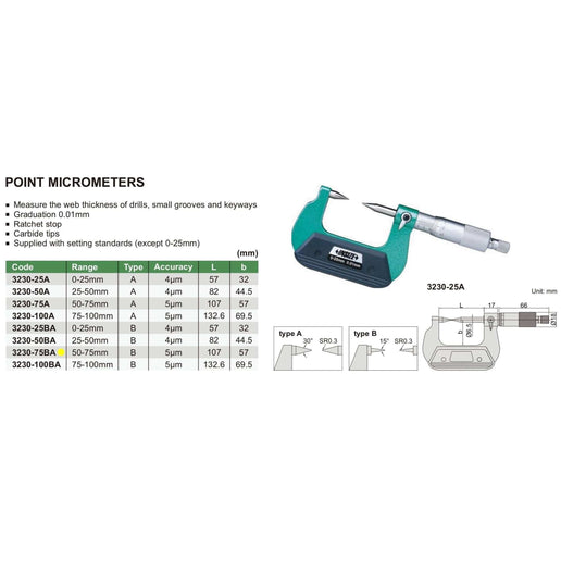 INSIZE Measuring Equipment Insize Point Micrometer 50-75mm Range Series 3230-75BA