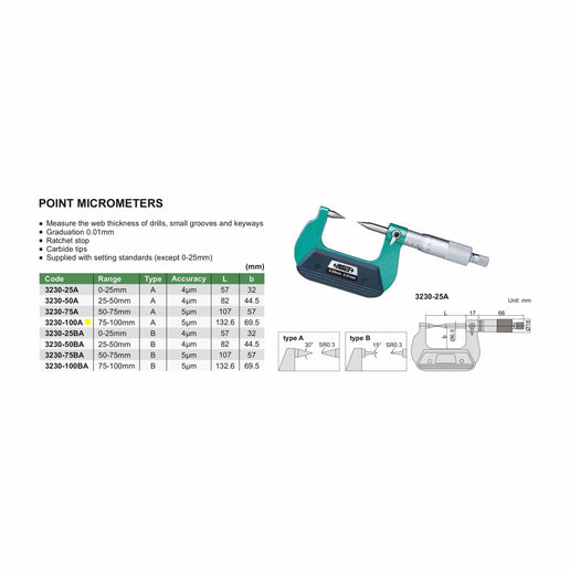 INSIZE Measuring Equipment Insize Point Micrometer 75-100mm Range Series 3230-100A