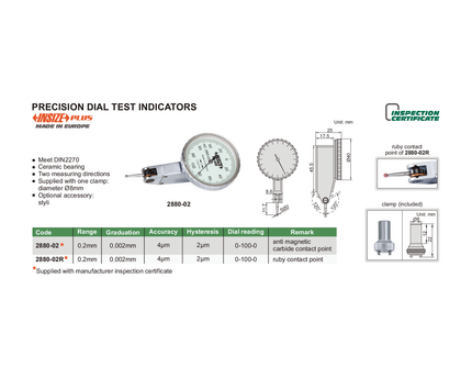 INSIZE Measuring Equipment Insize Precision Dial Indicator 0.2mm Range Series 2880-02