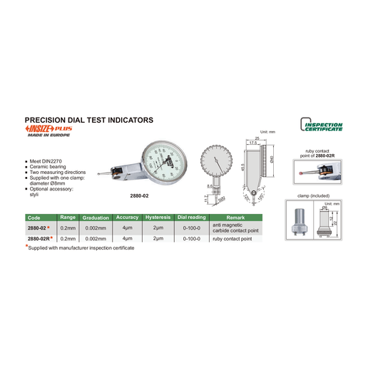 INSIZE Measuring Equipment Insize Precision Dial Indicator 0.2mm Range Series 2880-02R
