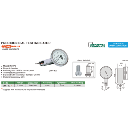 INSIZE Measuring Equipment Insize Precision Dial Indicator 0.2mm Range Series 2897-02