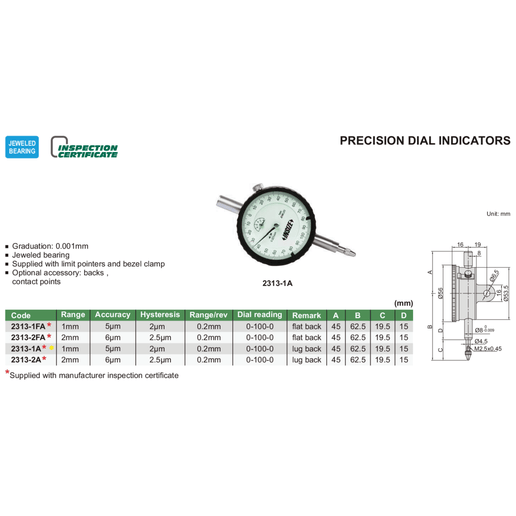 INSIZE Measuring Equipment Insize Precision Dial Indicator 1mm Range Series 2313-1A