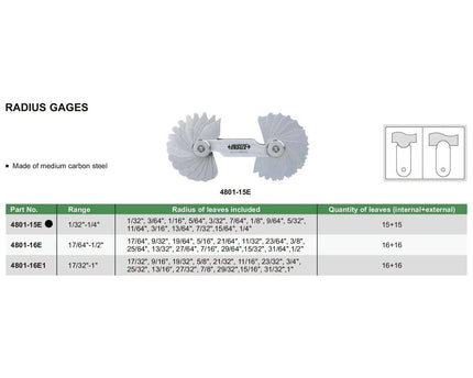 INSIZE MEASURING EQUIPMENT Insize Radius Gauge Set 1/32 - 1/4" Range Series 4801-15E