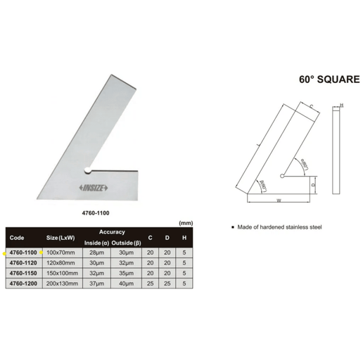 INSIZE Measuring Equipment Insize Range 60° Square 100 X 70mm Series 4760-1100