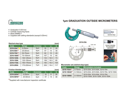 INSIZE Measuring Equipment Insize Ratchet Stop Type Outside Micrometer 0-25mm Range Series 3210-25A