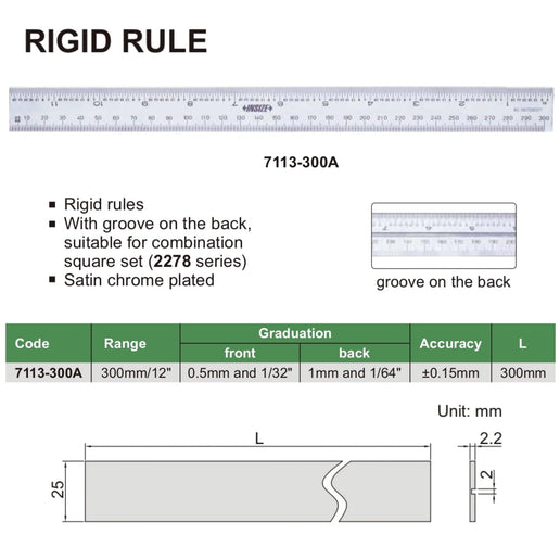 INSIZE Measuring Equipment Insize Rigid Rule 300mm/12" Range Series 7113-300A