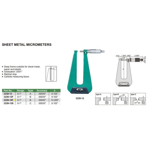 INSIZE Measuring Equipment Insize Sheet Metal Micrometer 0-1" Range Series 3239-14F