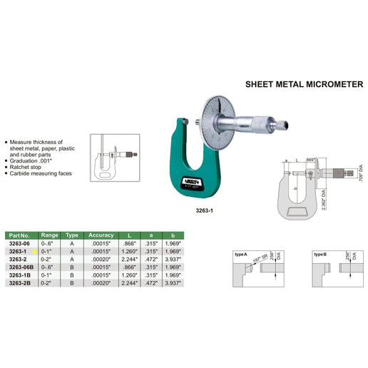 INSIZE Measuring Equipment Insize Sheet Metal Micrometer 0-1" Range Series 3263-1