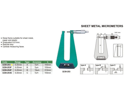 INSIZE Measuring Equipment Insize Sheet Metal Micrometer 0-25mm Range Series 3239-253