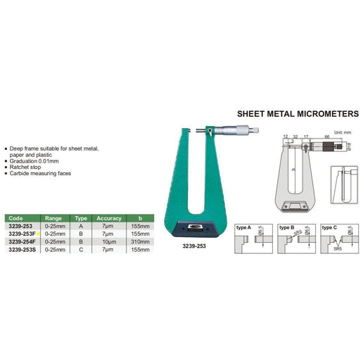 INSIZE Measuring Equipment Insize Sheet Metal Micrometer 0-25mm Range Series 3239-253F