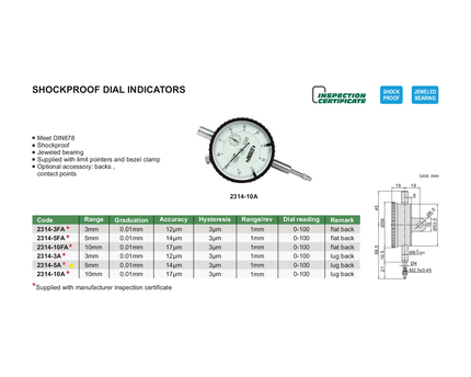 INSIZE Measuring Equipment Insize Shockproof Dial Indicator 5mm Range Series 2314-5A