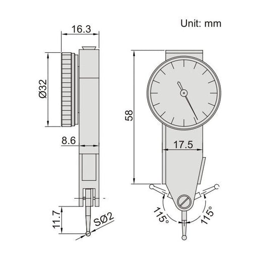 INSIZE Measuring Equipment Insize Side Type Dial Test Indicator 0.8mm Range Series 2898-08
