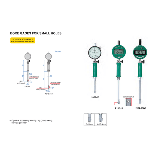INSIZE Measuring Equipment Insize Small Hole Bore Gauge 10-18.5mm Range Series 2852-18