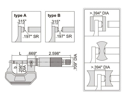 INSIZE Measuring Equipment Insize Spherical Anvil Tube Micrometer 0-1" Type B Series 3260-1S