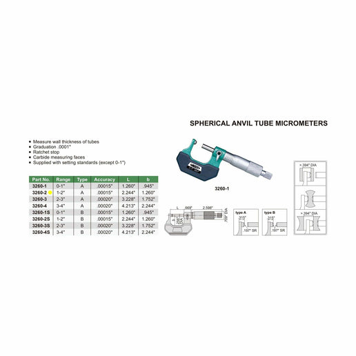 INSIZE Measuring Equipment Insize Spherical Anvil Tube Micrometer 1-2" Type A Series 3260-2
