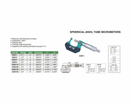INSIZE Measuring Equipment Insize Spherical Anvil Tube Micrometer 2-3" Type B Series 3260-3S