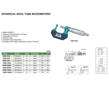 INSIZE Measuring Equipment Insize Spherical Anvil Tube Micrometer 25-50mm Type A Series 3260-50A