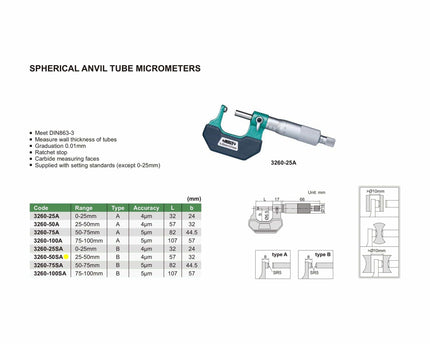INSIZE Measuring Equipment Insize Spherical Anvil Tube Micrometer 25-50mm Type B Series 3260-50SA
