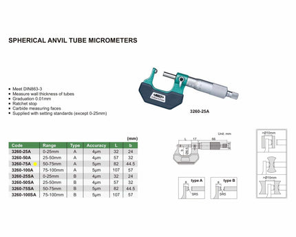 INSIZE Measuring Equipment Insize Spherical Anvil Tube Micrometer 50-75mm Type A Series 3260-75A