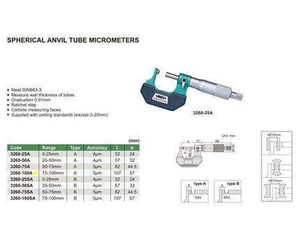 INSIZE Measuring Equipment Insize Spherical Anvil Tube Micrometer 75-100mm Type A Series 3260-100A