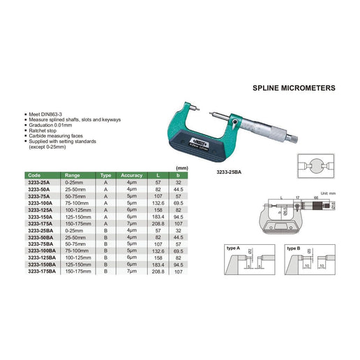 INSIZE Measuring Equipment Insize Spline Micrometer 50-75mm Range Series 3233-75BA