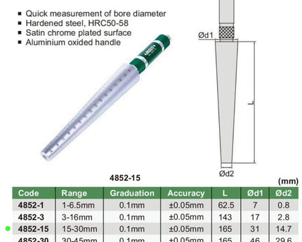 INSIZE Measuring Equipment Insize Taper Bore Gauge 15-30mm Range Series 4852-15