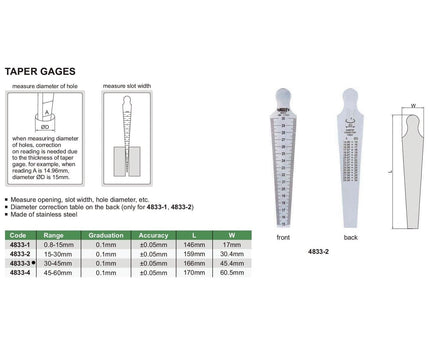INSIZE Measuring Equipment Insize Taper Gauge 30-45mm Range Series 4833-3
