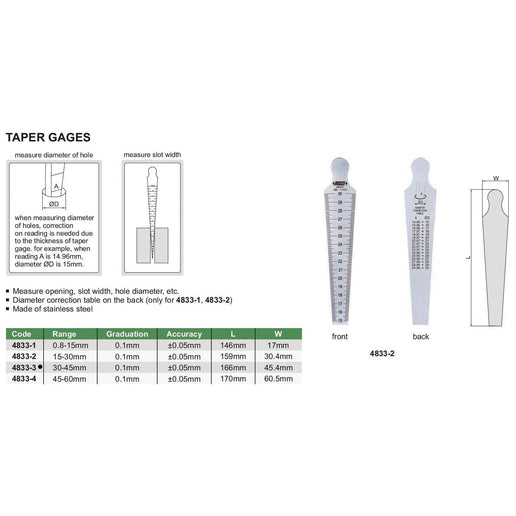 INSIZE Measuring Equipment Insize Taper Gauge 30-45mm Range Series 4833-3