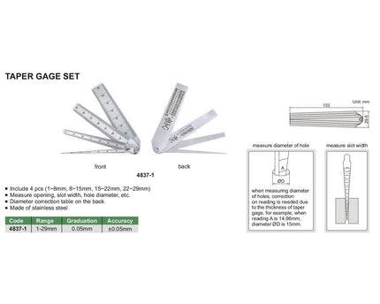 INSIZE MEASURING EQUIPMENT Insize Taper Gauge Set 1-29mm Range Series 4837-1