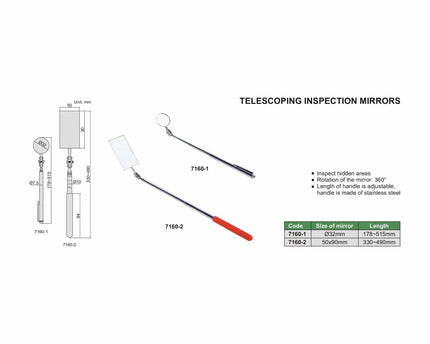 INSIZE MEASURING EQUIPMENT Insize Telescoping Inspection Mirror Ø32mm Series 7160-1