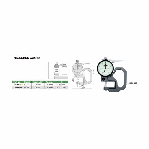 INSIZE Measuring Equipment Insize Thickness Gauge 0-0.5" x 0.0005" Range Series 2364-055