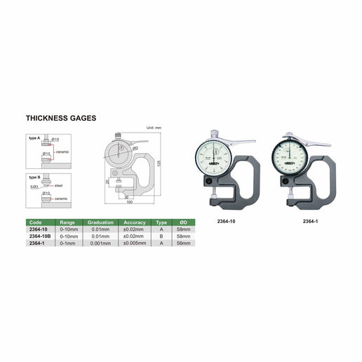 INSIZE Measuring Equipment Insize Thickness Gauge 0-10mm x 0.01mm Range Series 2364-10