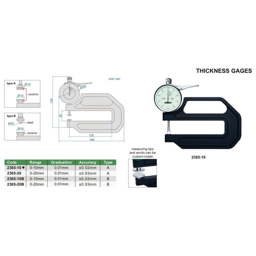 INSIZE Measuring Equipment Insize Thickness Gauge 0-10mm x 0.01mm Range Series 2365-10