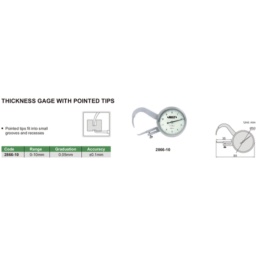 INSIZE Measuring Equipment Insize Thickness Gauge 0-10mm x 0.05mm Range Series 2866-10