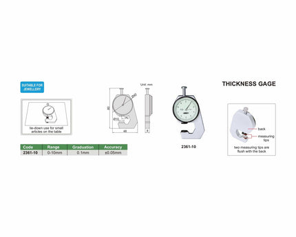 INSIZE Measuring Equipment Insize Thickness Gauge 0-10mm x 0.1mm Range Series 2361-10