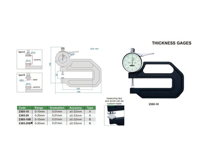 INSIZE Measuring Equipment Insize Thickness Gauge 0-20mm x 0.01mm Range Series 2365-20B