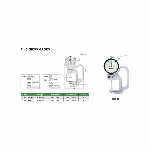 INSIZE Measuring Equipment Insize Thickness Gauge 0-30mm x 0.01mm Range Series 2366-30